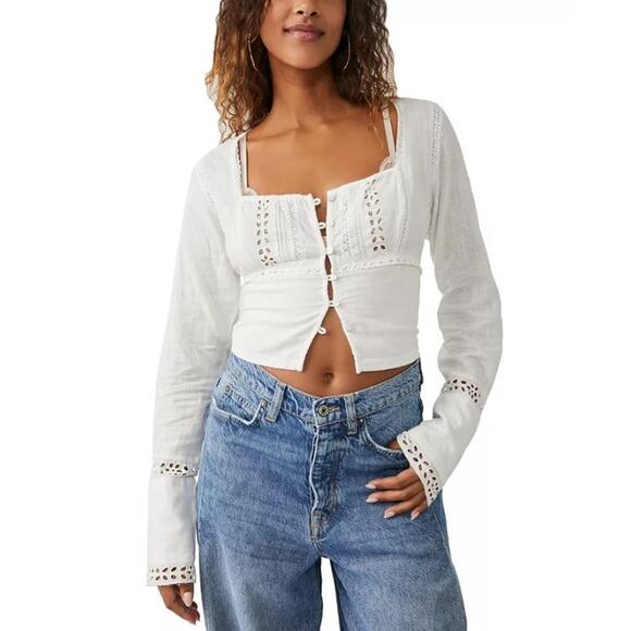 Free People 100% Cotton Cropped Eyelet Joi Button Blouse White Womens Size Small - Picture 1 of 12